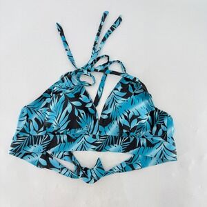 Swimsuits for all‎ Tropical Blue Black Leaf Print Halter Tie Swimsuit Bikini Top